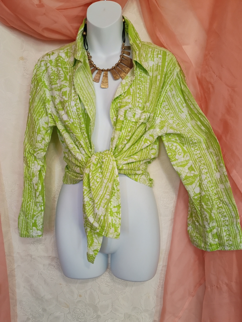 Company One Women's Lime Green Patterned Button-Down Shirt Sc XL